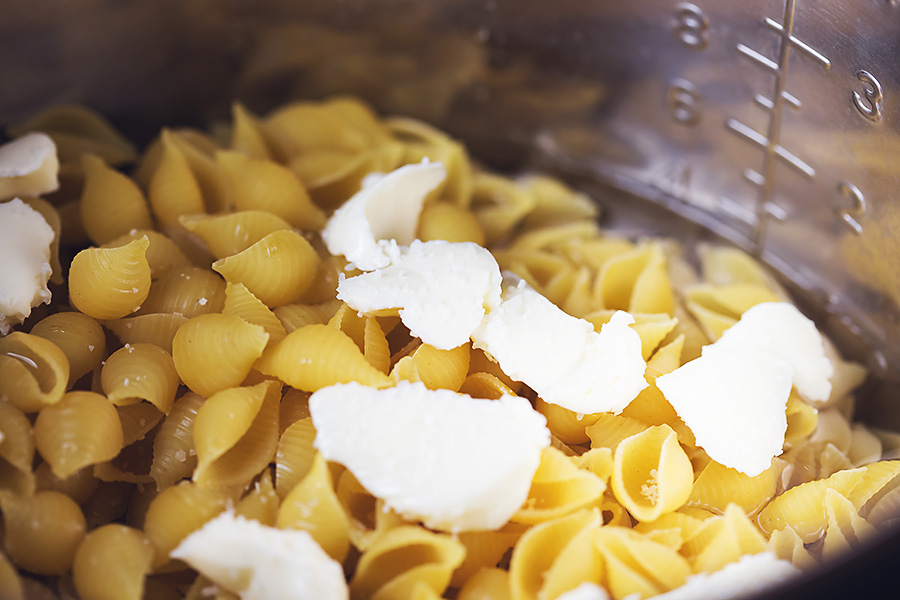 pasta shells, butter, and water in the Instant Pot